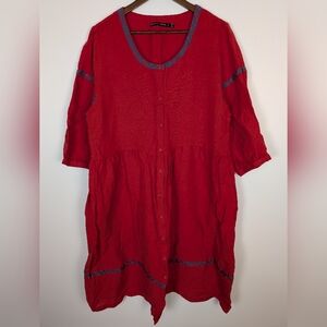 Gudrun Sjoden Red Linen Blend Midi Dress XL Lagenlook Oversized Embroidered